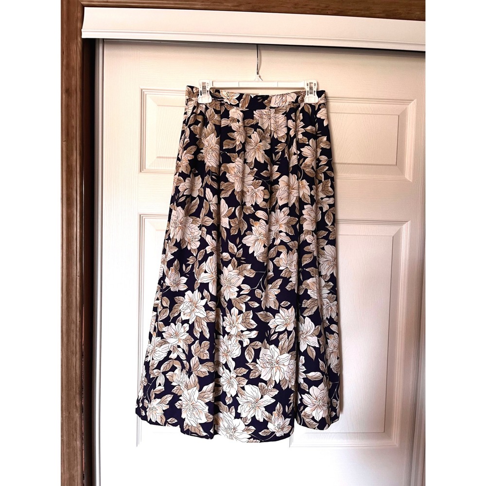 Pendleton Country Sophisticates Navy Floral Pleated Rayon Midi Skirt Womens 12